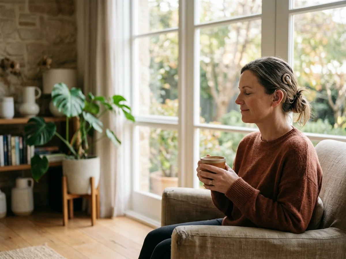 Mujer con implante coclear escuchando con calma junto a una ventana